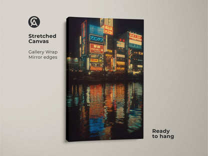 A stretched canvas shows Japanese neon cityscape art. The urban nightlife canvas print has gallery wrap mirror edges. It's ready to hang. The vivid blue yellow and orange colors create an electrifying scene.