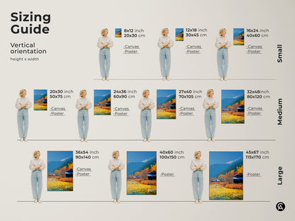 Sizing guide for vertical orientation. The height and width for canvas and poster prints vary. Small medium and large sizes are all available for the artwork here.