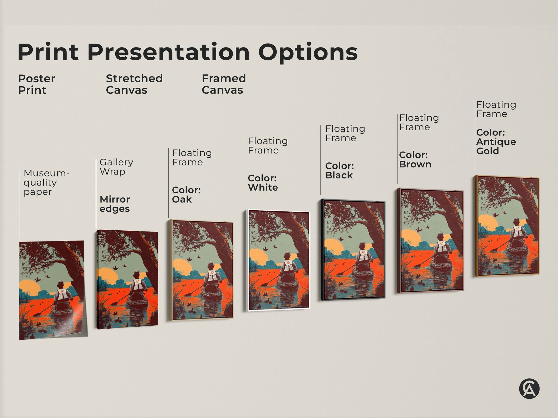 Explore print presentation options for duck hunting canoe art. Choose from poster prints stretched canvases or framed canvases. Various frame colors like oak white black brown and antique gold are available. Find the perfect art style for your space.