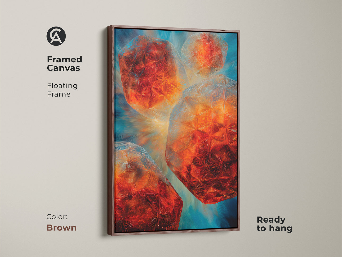 The framed canvas shows abstract geometric wall art with a brown floating frame. The teal blue orange canvas print gives a modern look. It is the perfect office wall decor canvas for art lovers. This 3D shape artwork is a unique housewarming gift. Enjoy this ready to hang artwork