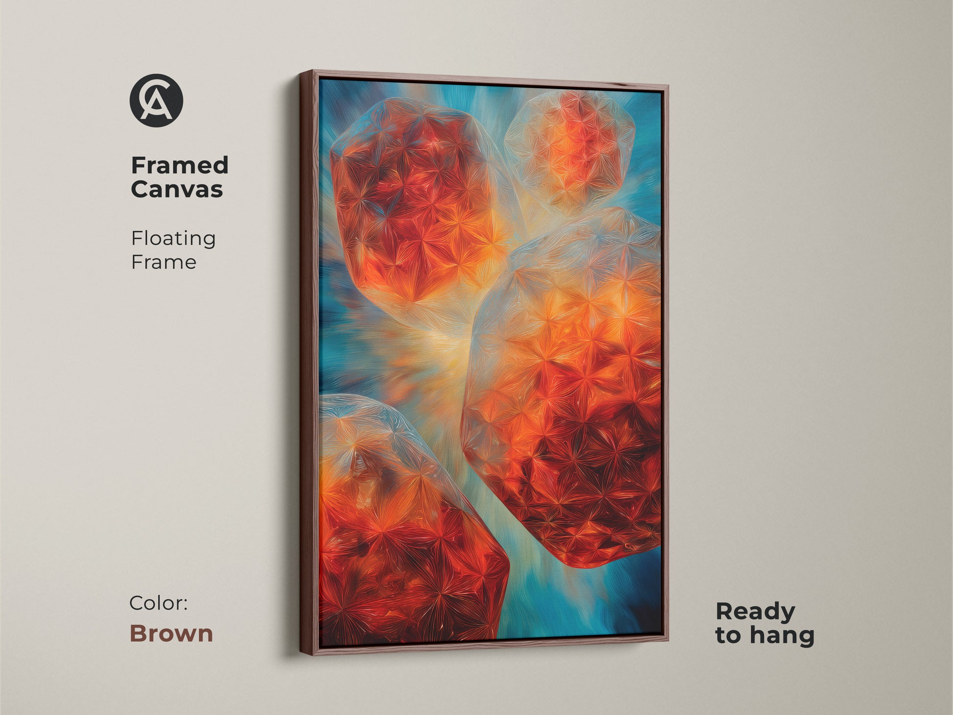 The framed canvas shows abstract geometric wall art with a brown floating frame. The teal blue orange canvas print gives a modern look. It is the perfect office wall decor canvas for art lovers. This 3D shape artwork is a unique housewarming gift. Enjoy this ready to hang artwork