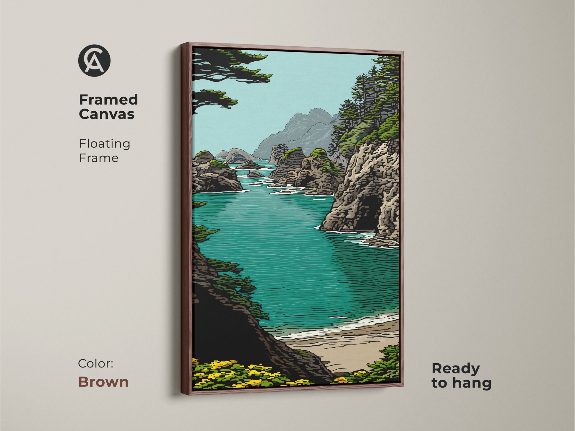 Framed coastal landscape art print with a brown floating frame. This green ocean artwork print adds a touch of nature to any room. A perfect coastal home decor gift. The turquoise cliff art decor ready to hang.
