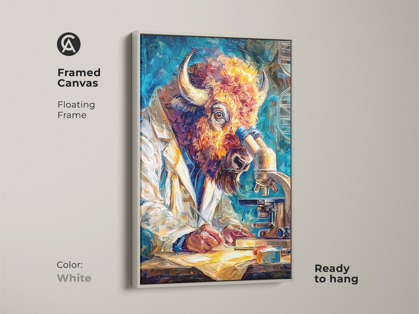 Framed canvas art features a buffalo scientist using a microscope. A white floating frame adds a clean look. It is ready to hang. This artwork is a blend of wildlife and scientific curiosity. The neutral frame complements any decor. This is a unique and eye-catching addition to any room.