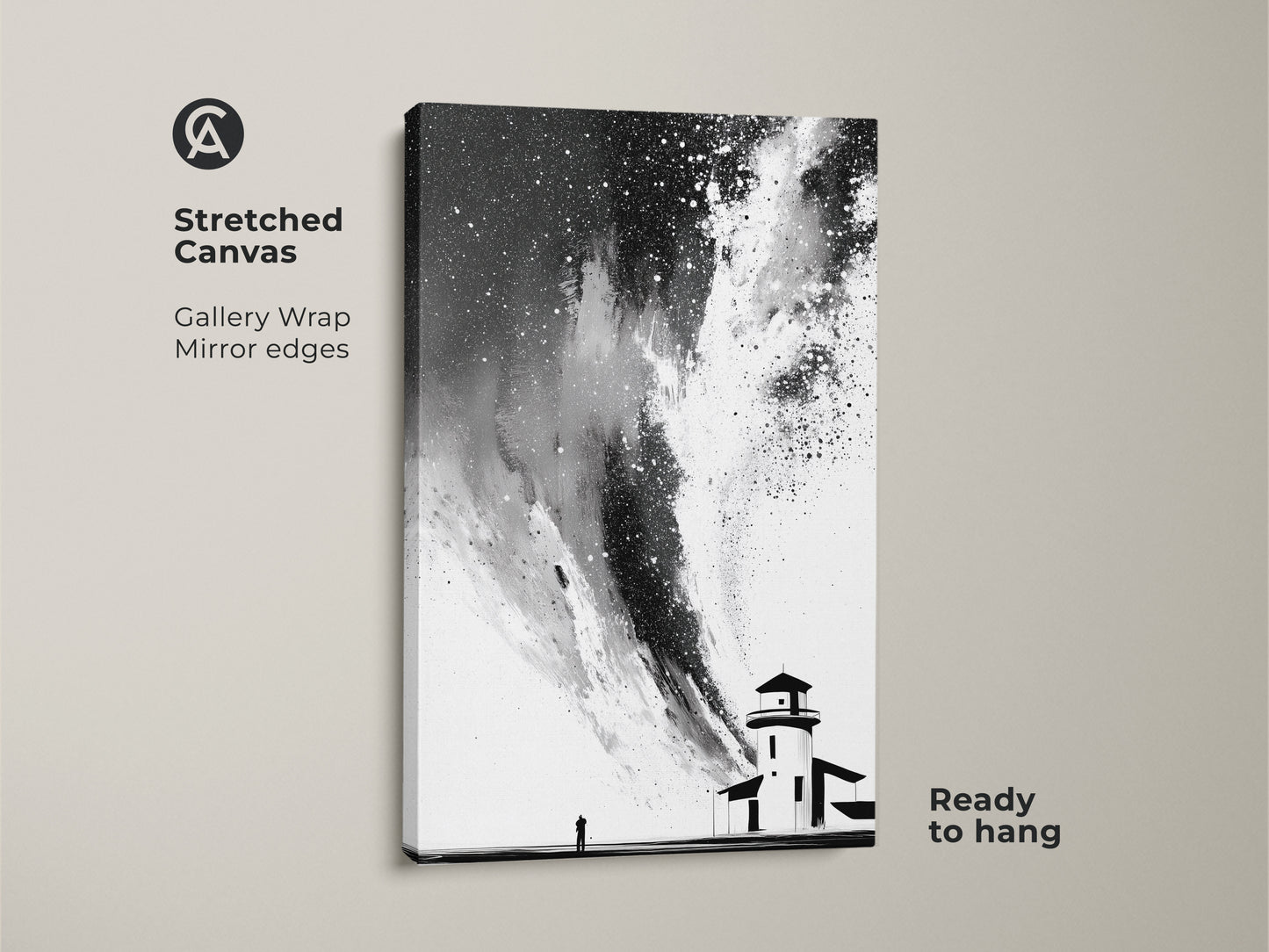 Stretched canvas featuring minimalist black white abstract lighthouse art. Gallery wrapped with mirrored edges this starry sky canvas creates a modern look. Ideal as home office abstract decor this coastal landscape is ready to hang.