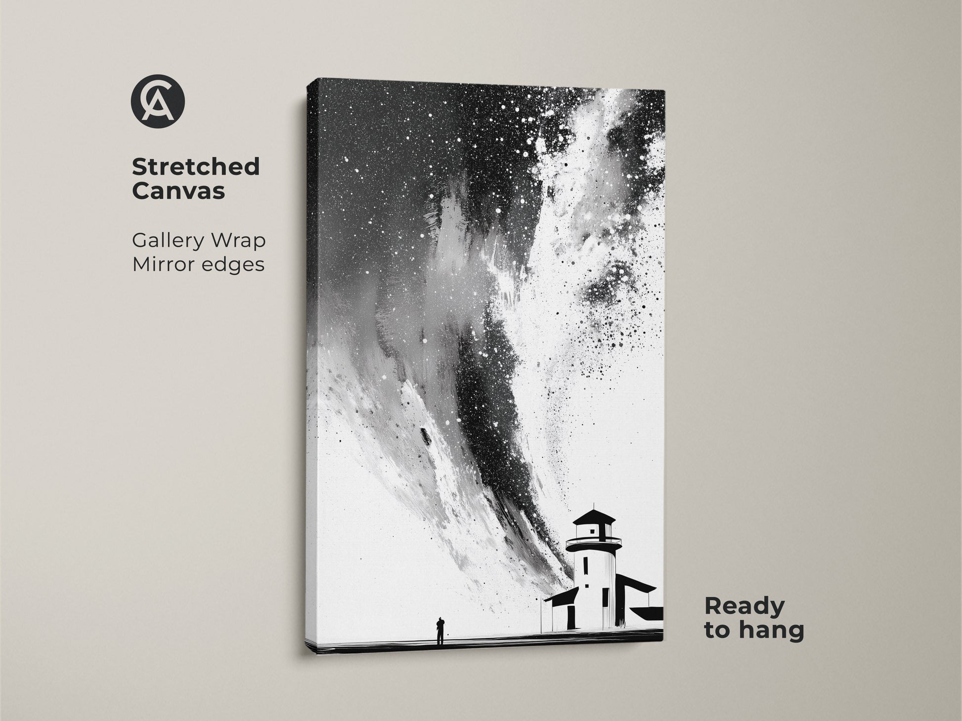 Stretched canvas featuring minimalist black white abstract lighthouse art. Gallery wrapped with mirrored edges this starry sky canvas creates a modern look. Ideal as home office abstract decor this coastal landscape is ready to hang.