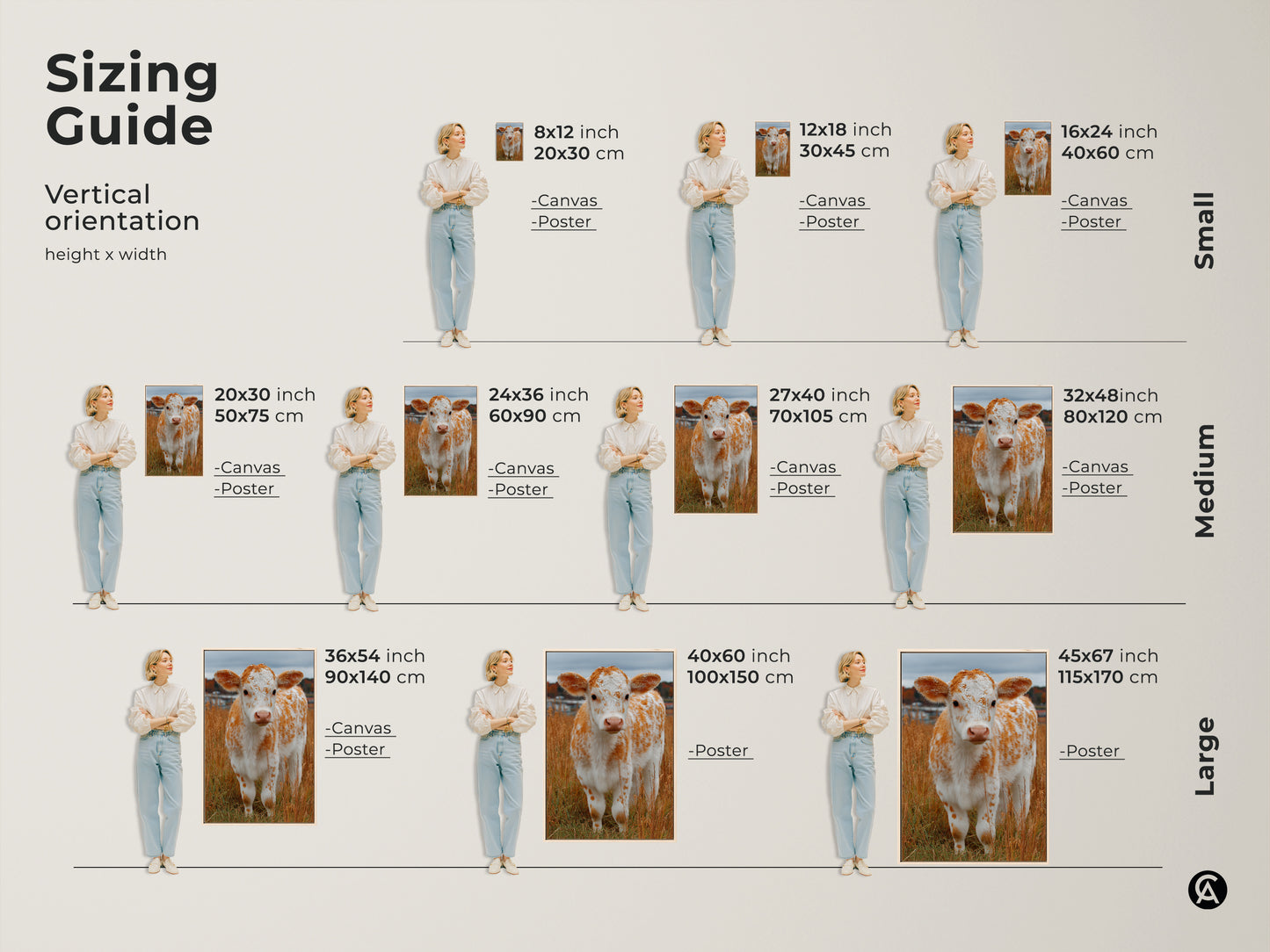 Sizing guide for vertical artwork. Small medium and large sizes available. Choose between canvas or poster prints. Find the perfect size art for your wall. Sizes range from 8x12 inches to 45x67 inches.