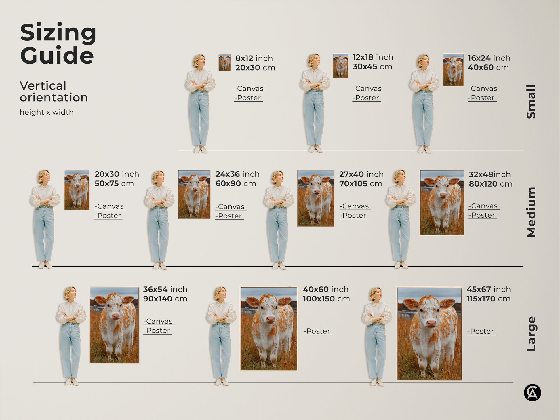 Sizing guide for vertical artwork. Small medium and large sizes available. Choose between canvas or poster prints. Find the perfect size art for your wall. Sizes range from 8x12 inches to 45x67 inches.