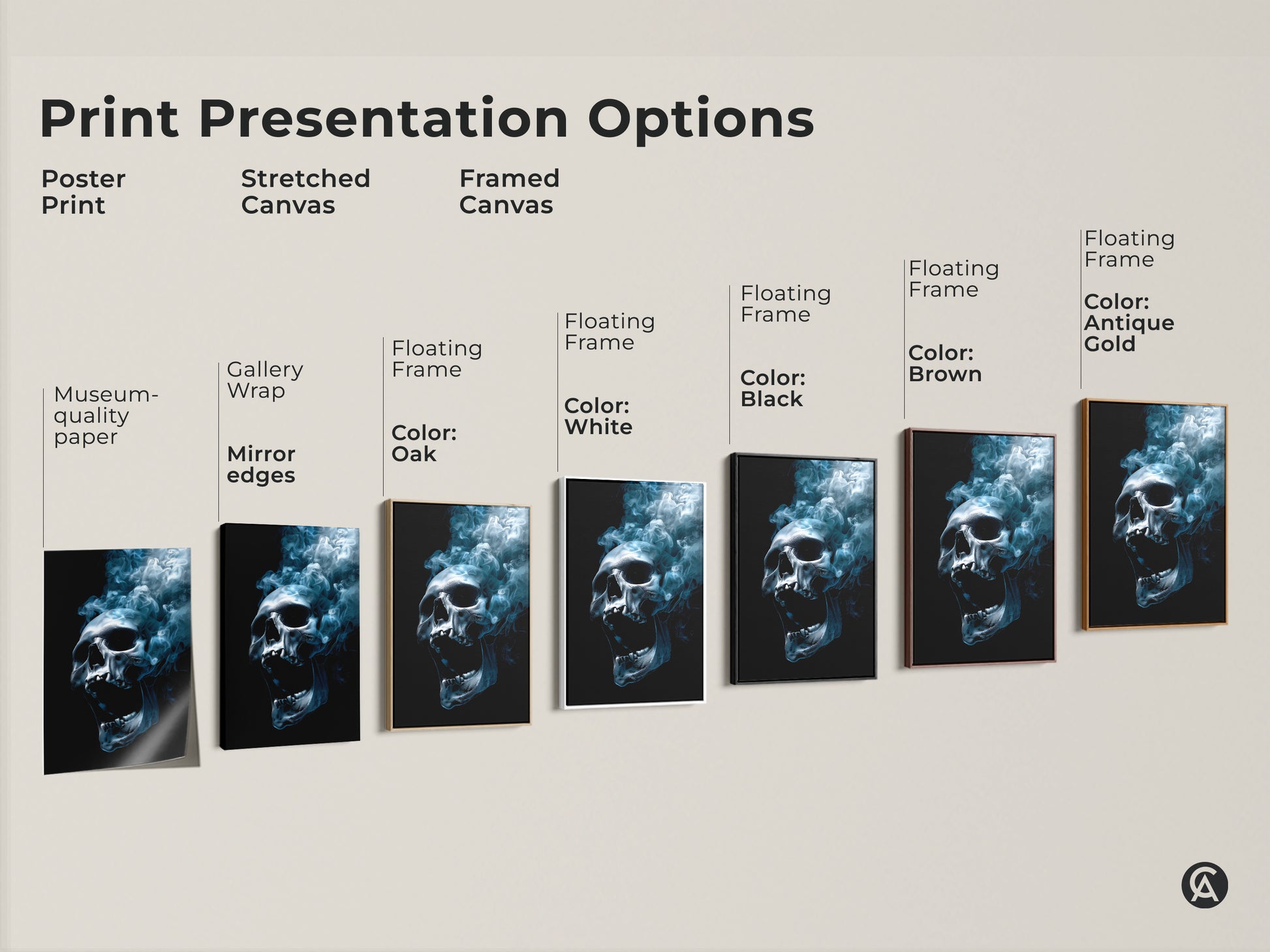 Print presentation options for skull artwork. Choose from poster print stretched canvas or framed canvas. Frame colors include white black brown antique gold and oak. Find the perfect presentation for your unique style.