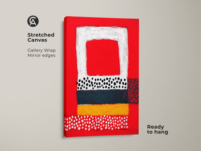 Stretched canvas print of abstract geometric wall art ready to hang. The gallery wrap has mirror edges. This modern art features bold red yellow teal and black colors. An eye catching addition to any eclectic home style.