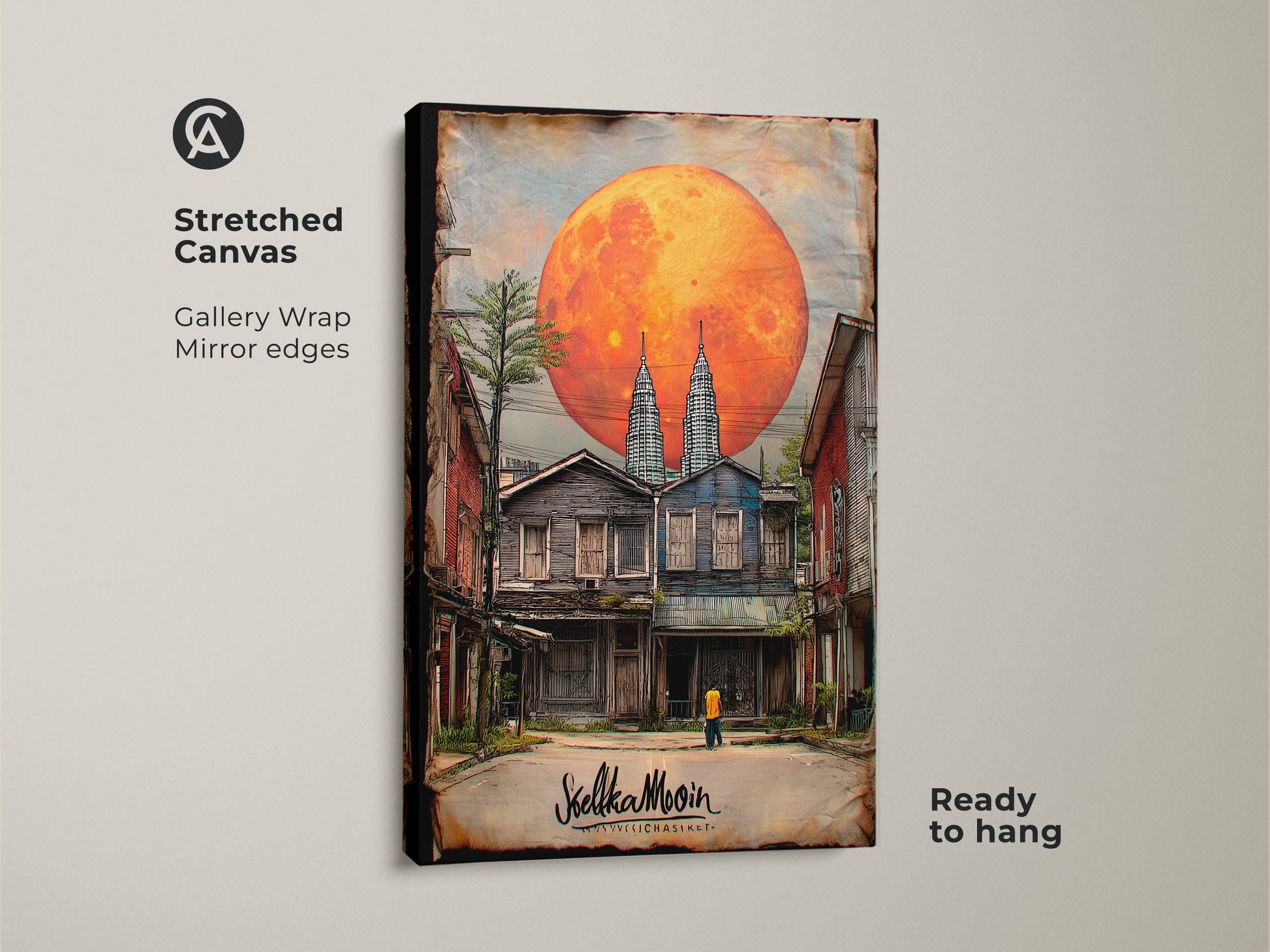 Stretched canvas art shows a surreal cityscape with Twin Towers beneath an orange moon. Gallery wrapped with mirrored edges. Ready to hang this digital fantasy art offers an eclectic bedroom decor. Perfect travel gift for unique home decor.