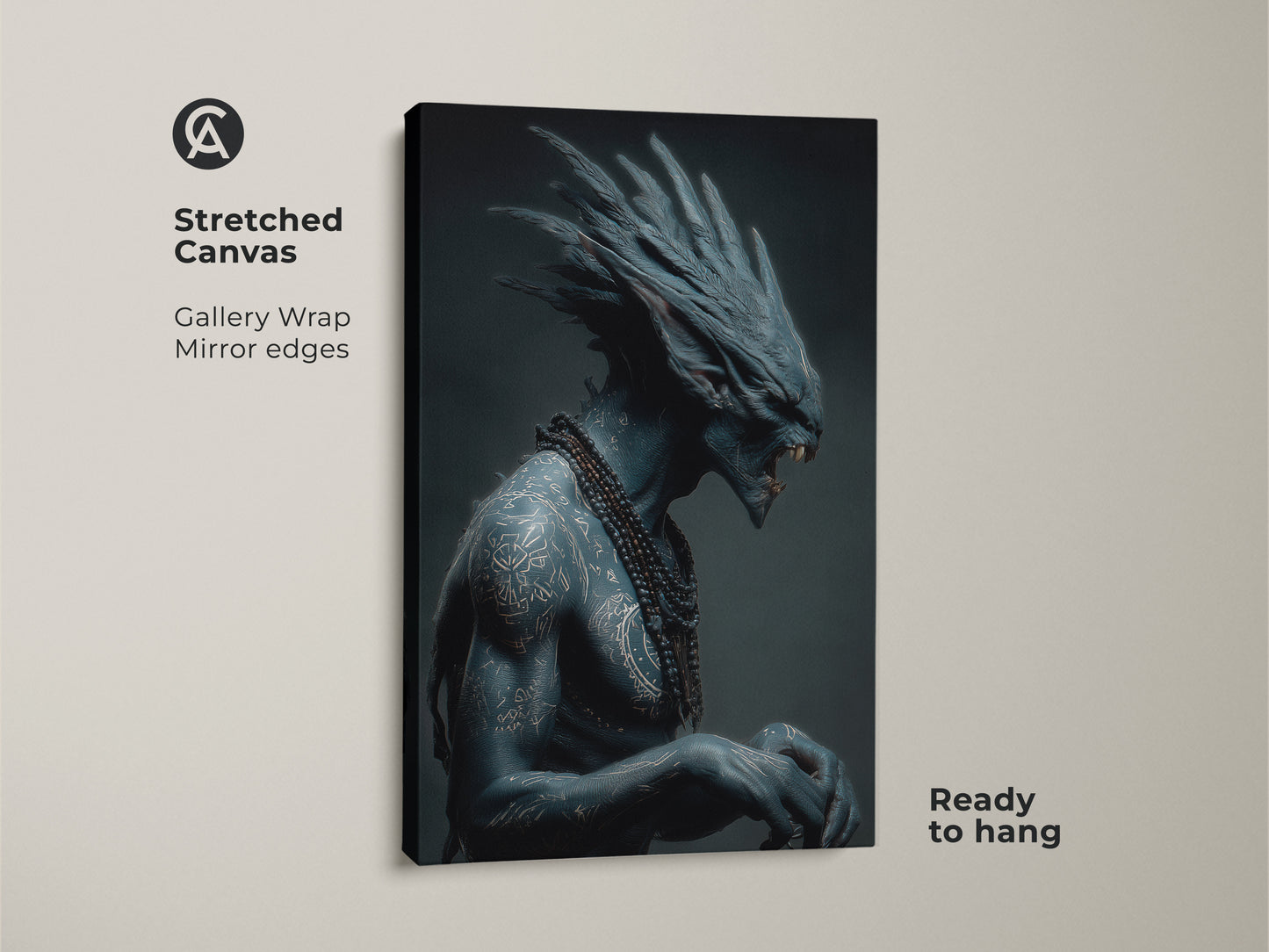 This is a gallery wrapped stretched canvas art print. It showcases a blue alien warrior with detailed tattoos and a beaded necklace. The mirror edges add a seamless look. It comes ready to hang adding a touch of sci-fi to your decor.