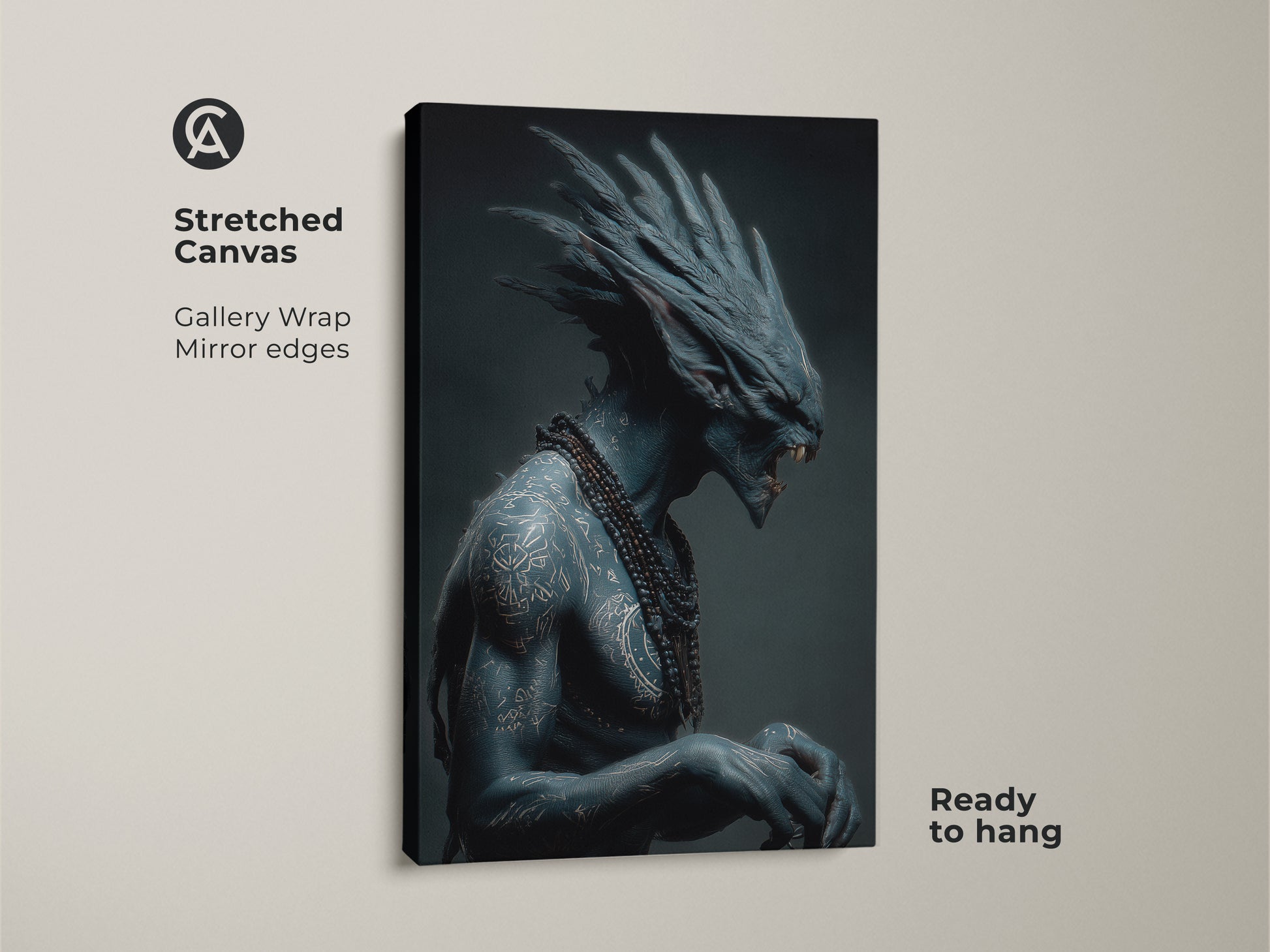 This is a gallery wrapped stretched canvas art print. It showcases a blue alien warrior with detailed tattoos and a beaded necklace. The mirror edges add a seamless look. It comes ready to hang adding a touch of sci-fi to your decor.