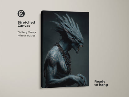 This is a gallery wrapped stretched canvas art print. It showcases a blue alien warrior with detailed tattoos and a beaded necklace. The mirror edges add a seamless look. It comes ready to hang adding a touch of sci-fi to your decor.
