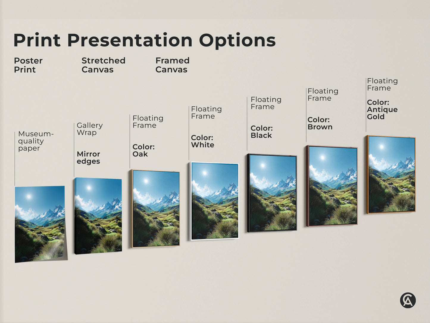 Explore print presentation options for mountain landscape artwork. Choose from poster prints stretched canvas and framed canvas. Customize your art with various floating frame colors. Find the perfect style to complement your home decor with this artwork.
