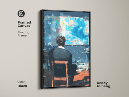 Elevate your decor with 'The Observer' framed canvas. A black floating frame enhances this captivating art piece. It features a man gazing at a vibrant world map. Ready to hang and admire. This framed canvas adds a touch of sophistication to any room.