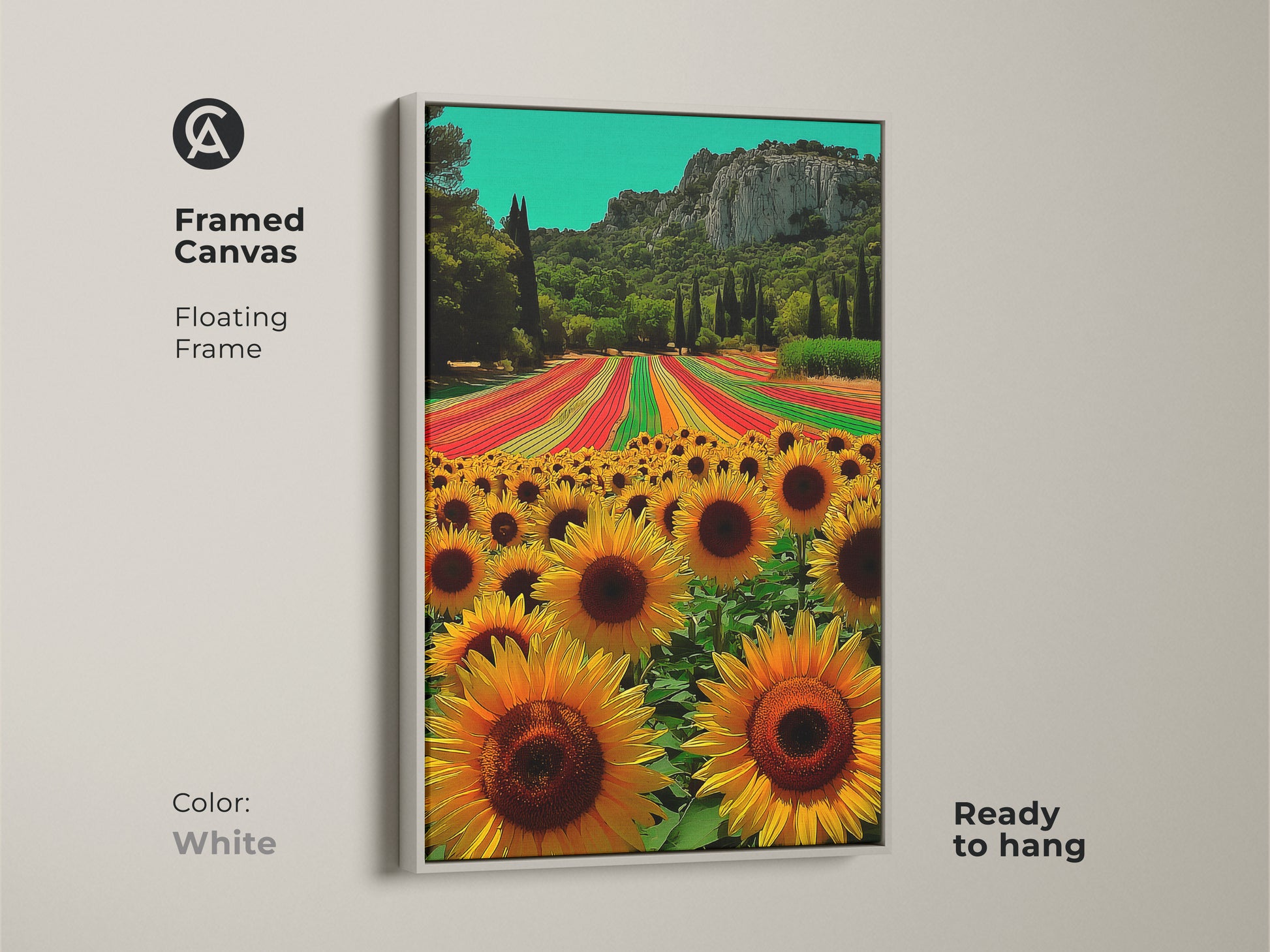 Framed canvas art print showing a sunflower field landscape. Boho home decor with yellow and orange tones. Summer field wall decor is ready to hang. White floating frame adds a clean look.