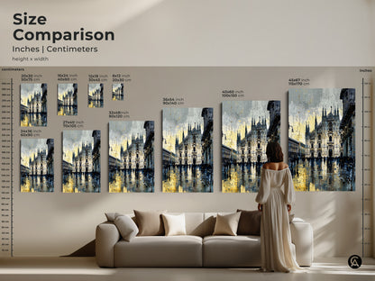 Size comparison of Milan Cathedral artwork. See how different sizes look in a living room setting. Available in inches and centimeters. Canvas or poster options. Find the perfect size for your wall decor. Blue yellow and gray urban cityscape art.