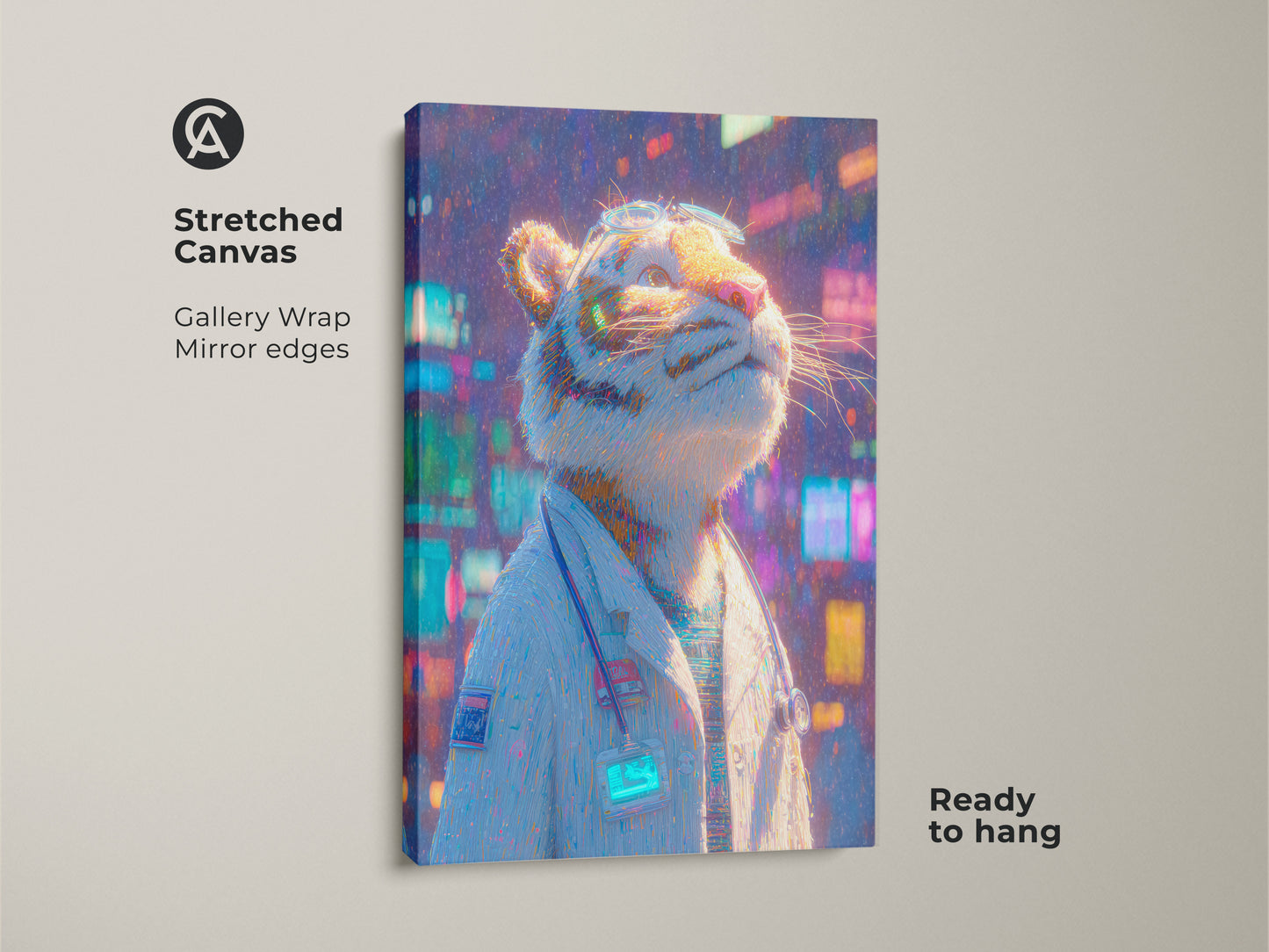 Stretched canvas art featuring a tiger doctor. The gallery wrapped canvas has mirror edges. This wall art is ready to hang. The animal art is a modern piece of artwork.