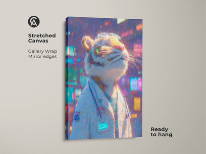 Stretched canvas art featuring a tiger doctor. The gallery wrapped canvas has mirror edges. This wall art is ready to hang. The animal art is a modern piece of artwork.