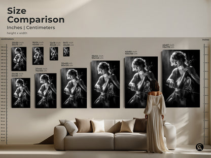 Size comparison of the cello player artwork in inches and centimeters. See how the different sizes fit above a sofa. The black and white fine art music print is available in multiple dimensions.