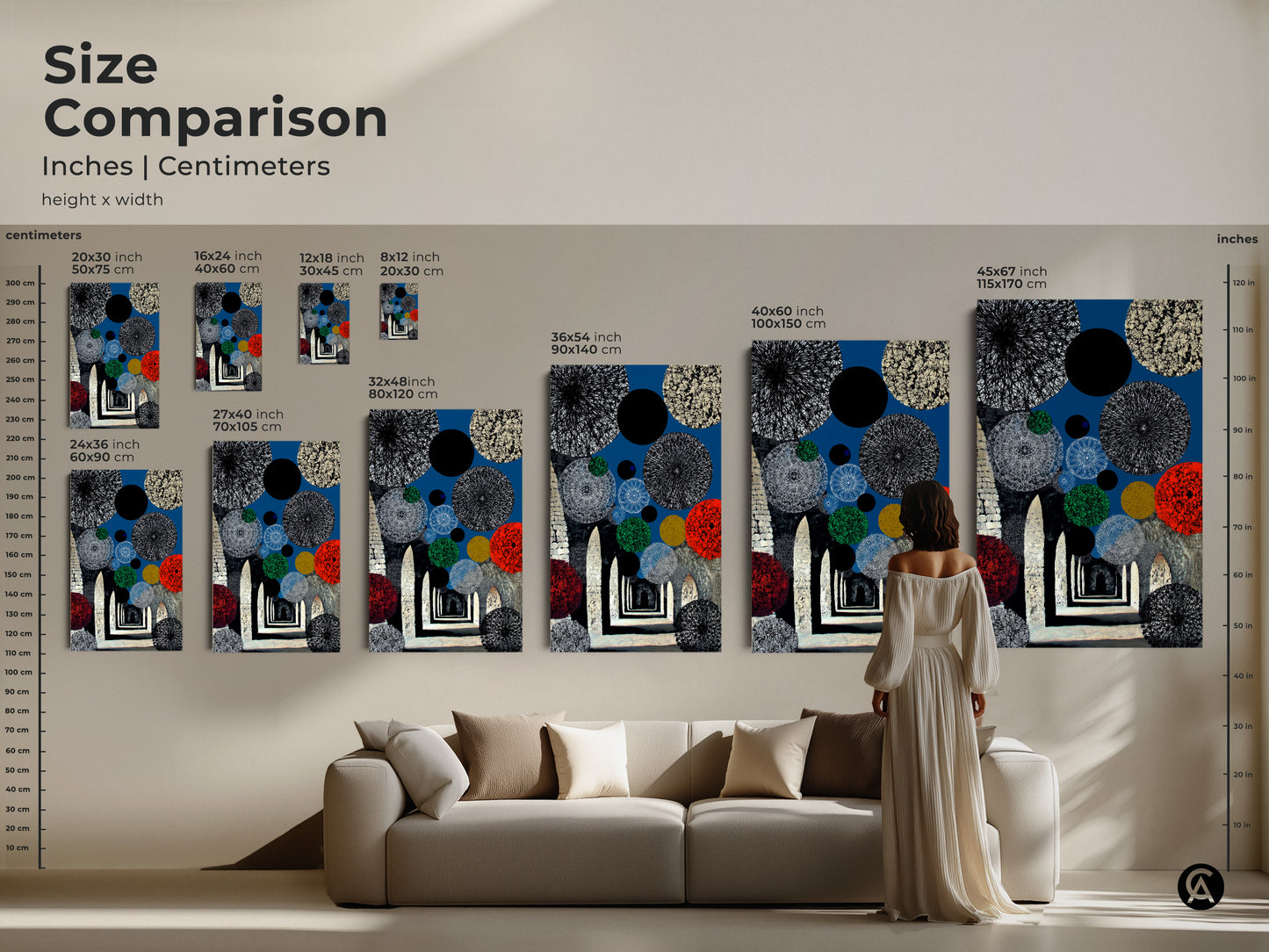 Size comparison of abstract geometric wall art in inches and centimeters. See how the artwork fits above a sofa. Sizes range from 20x30 cm to 45x67 inches. The blue and red circles canvas creates a focal point. Enhance your eclectic living room with this contemporary print.