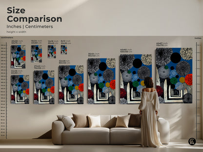 Size comparison of abstract geometric wall art in inches and centimeters. See how the artwork fits above a sofa. Sizes range from 20x30 cm to 45x67 inches. The blue and red circles canvas creates a focal point. Enhance your eclectic living room with this contemporary print.