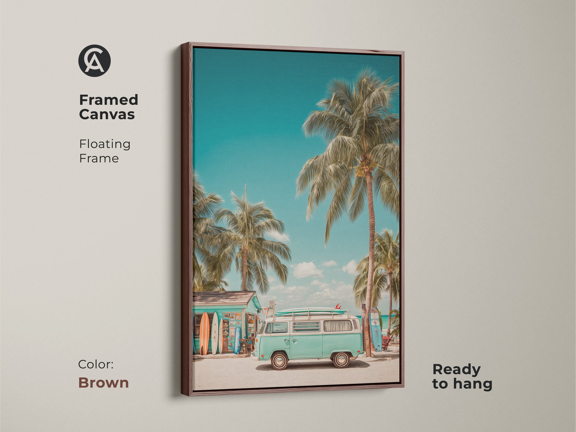 Framed canvas artwork featuring a light teal VW bus parked near a beach surf shop. The brown floating frame enhances the tropical palm trees and surfboards. This ready-to-hang canvas art adds a relaxing summer vibe to any space.
