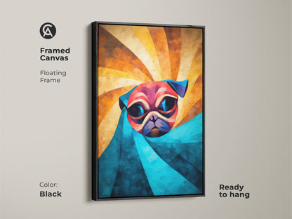 Framed canvas featuring an abstract pug. The floating frame is in black and ready to hang. This geometric pug artwork brings a modern touch. The art serves as unique dog wall decor and makes for a thoughtful dog lover gift.