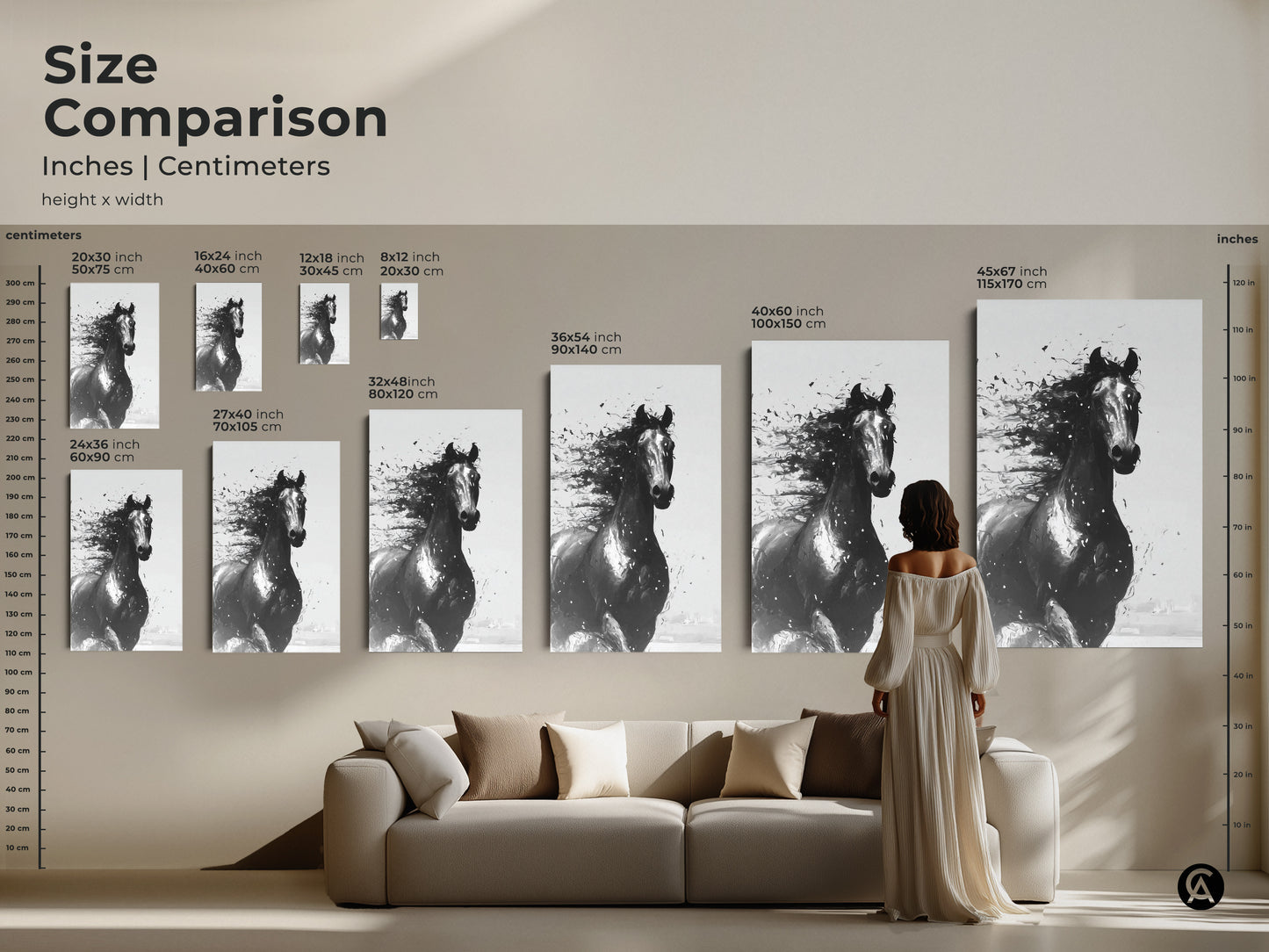 Size comparison of abstract horse art in inches and centimeters. See how different sizes fit above a sofa. Perfect animal art for large and small rooms. Transform your space with equine decor.