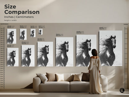 Size comparison of abstract horse art in inches and centimeters. See how different sizes fit above a sofa. Perfect animal art for large and small rooms. Transform your space with equine decor.