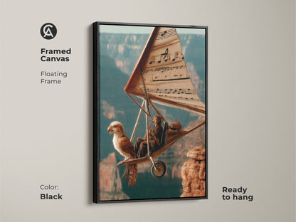 Framed Canvas with Floating Frame in Black. This is ready to hang. The surreal flight canvas art features a musician and an eagle. They are in a hang glider. The artwork combines flight music and fantasy art. The eclectic piece will enhance any room.
