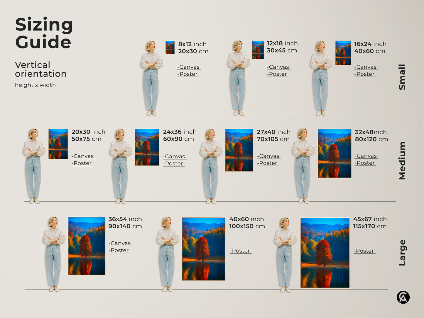 Sizing guide for vertical autumn lake landscape canvas and poster prints. Visualize the red tree reflection artwork in different dimensions. Small medium and large sizes available. Find the perfect fit for your wall decor needs. Enhance your space with nature inspired art.