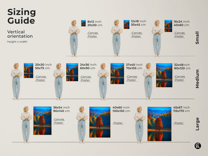 Sizing guide for vertical autumn lake landscape canvas and poster prints. Visualize the red tree reflection artwork in different dimensions. Small medium and large sizes available. Find the perfect fit for your wall decor needs. Enhance your space with nature inspired art.