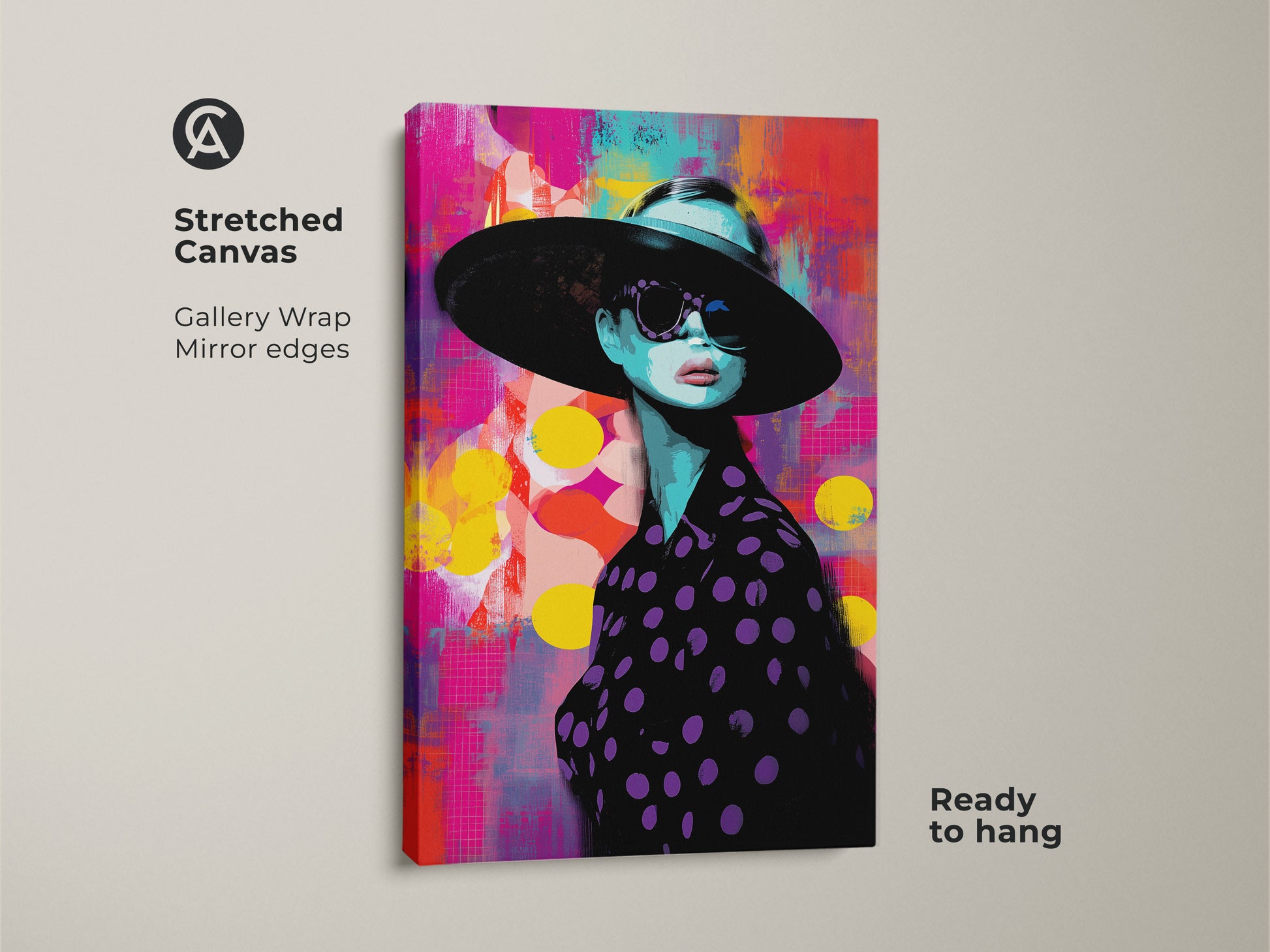 Stretched canvas of a pop art woman portrait. Gallery wrapped with mirror edges. The colorful canvas print features turquoise yellow and pink hues. Ready to hang fashionista wall decor.