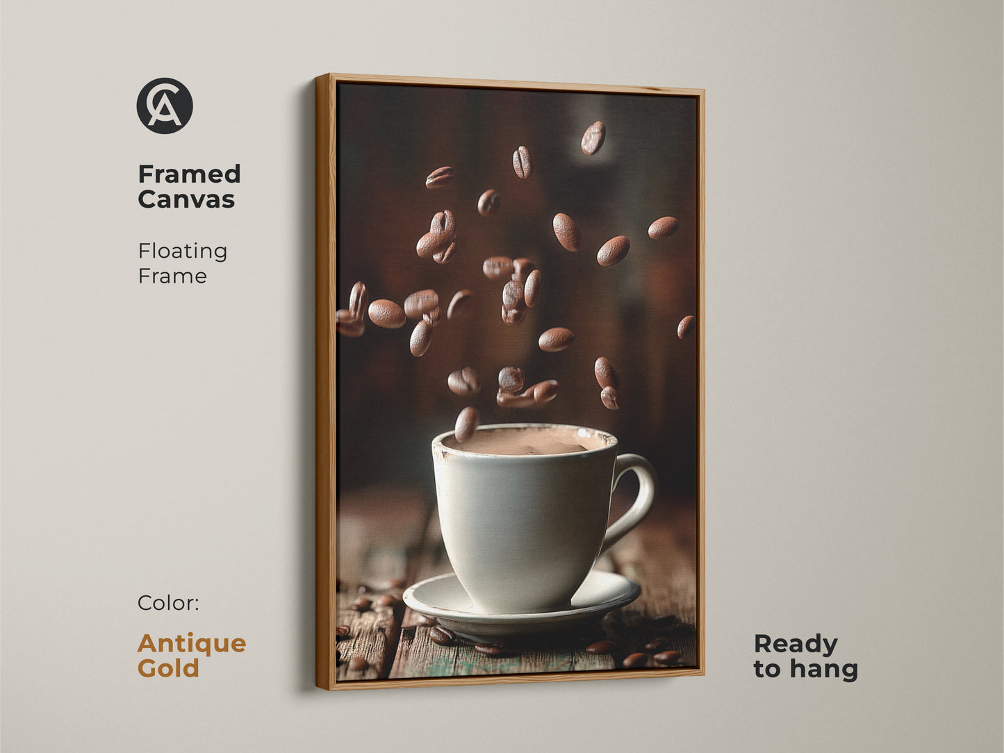 This framed canvas in antique gold displays a minimalist coffee cup art. Falling beans and a white cup create a contemporary cafe scene. This kitchen wall art brings a modern lifestyle touch to any space. It's a perfect gift for coffee lovers or as a housewarming present.