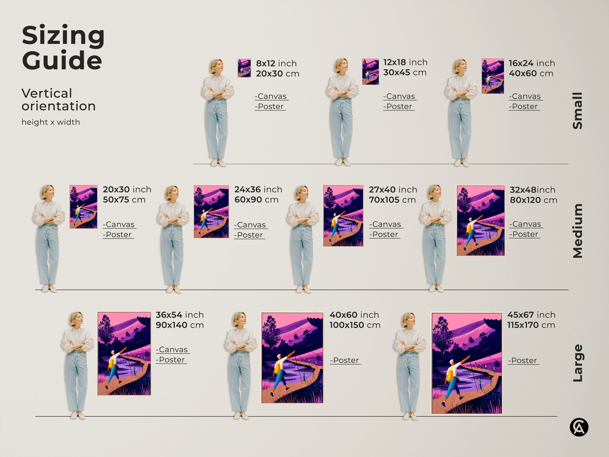 Sizing guide for vertical orientation. Canvas and poster options from small to large. Pink purple landscape wall art. Hiker adventure canvas print in contemporary outdoor decor. Modern travel artwork.