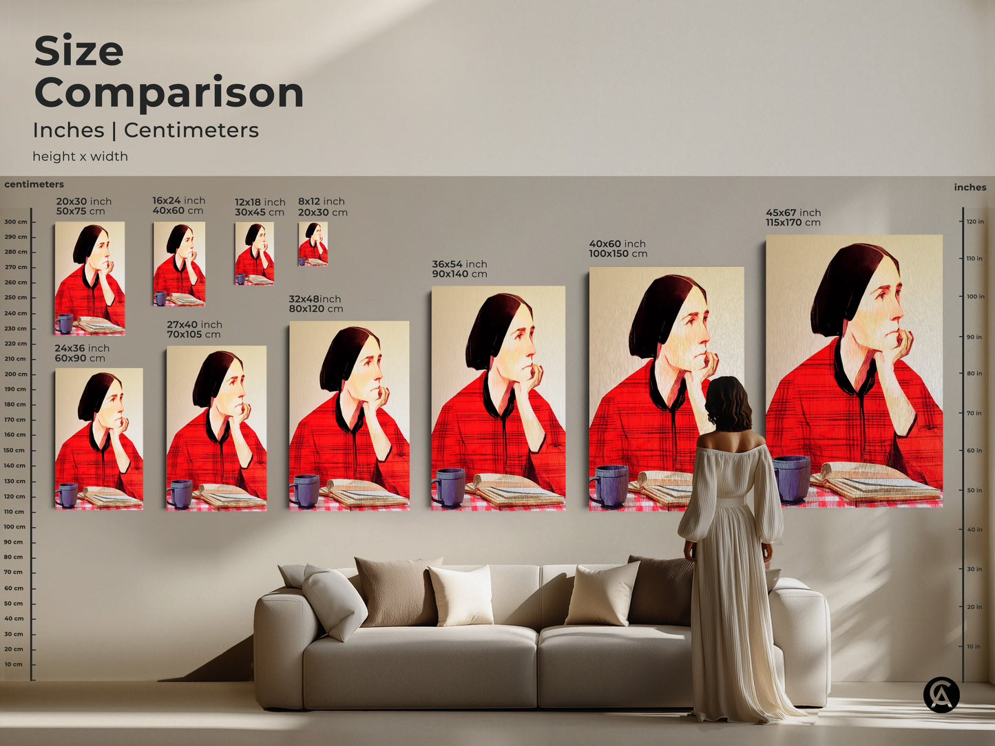 Size comparison of folk art prints. The expressive portrait of a woman reading is available in various sizes. It is a great wall art for eclectic homes. Sizes range from small to large. See the woman reading with her coffee and book.