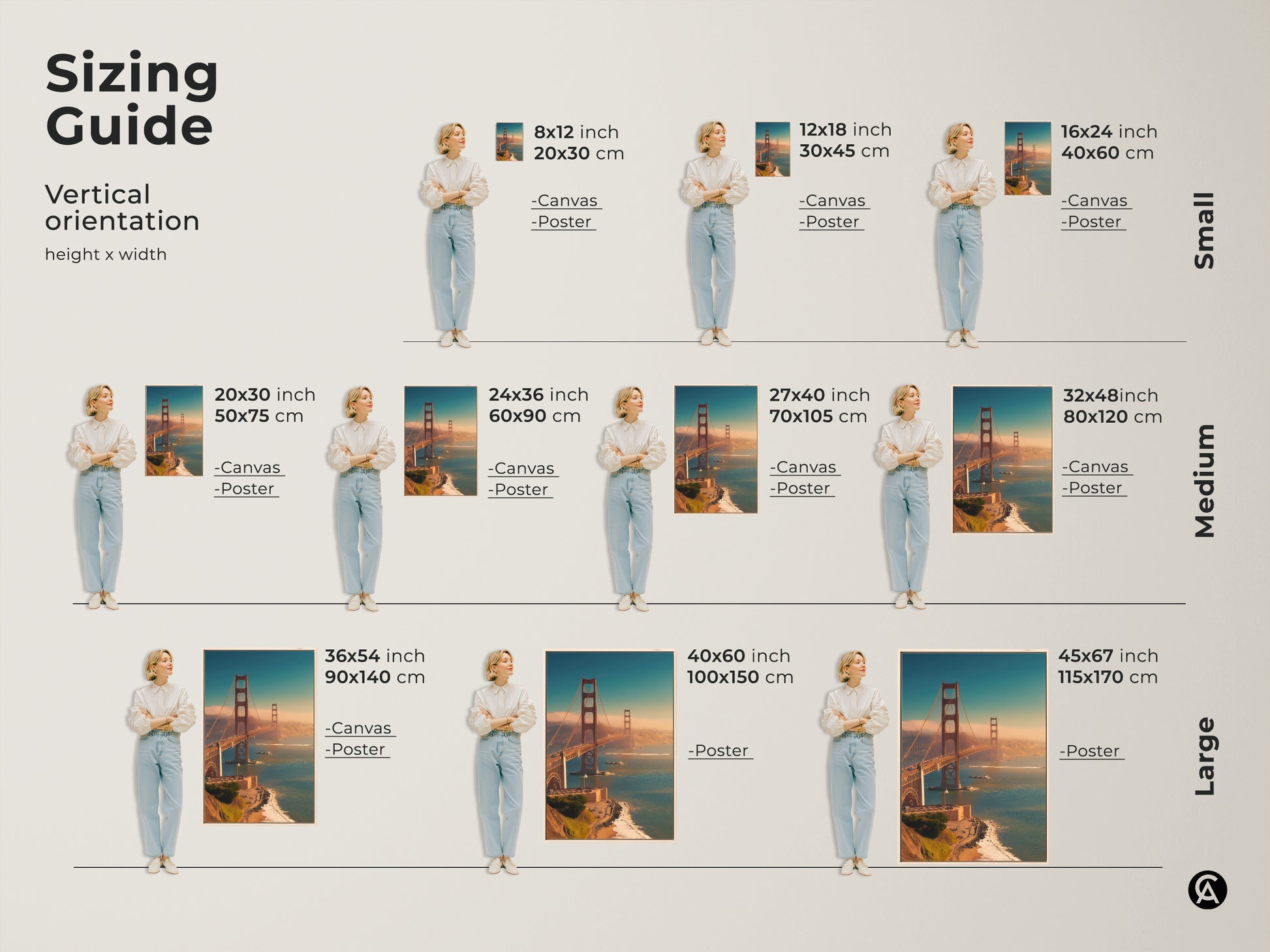 Sizing guide for Golden Gate Bridge artwork. Vertical orientation canvas and poster prints are shown. Visualize sizes from small to large. Find the perfect fit for your space.