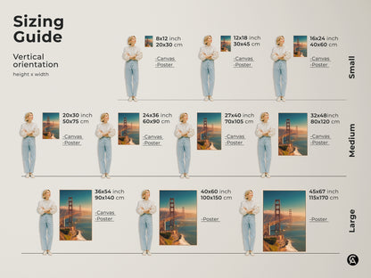 Sizing guide for Golden Gate Bridge artwork. Vertical orientation canvas and poster prints are shown. Visualize sizes from small to large. Find the perfect fit for your space.