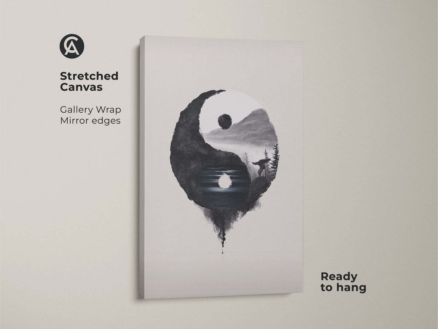 Stretched Canvas of Yin Yang Wolf art is ready to hang. Gallery wrap shows mirror edges. The minimalist ink wash print adds balance. Black white nature art creates calm. A spiritual wolf symbolizes meditation. Enhance your space today.