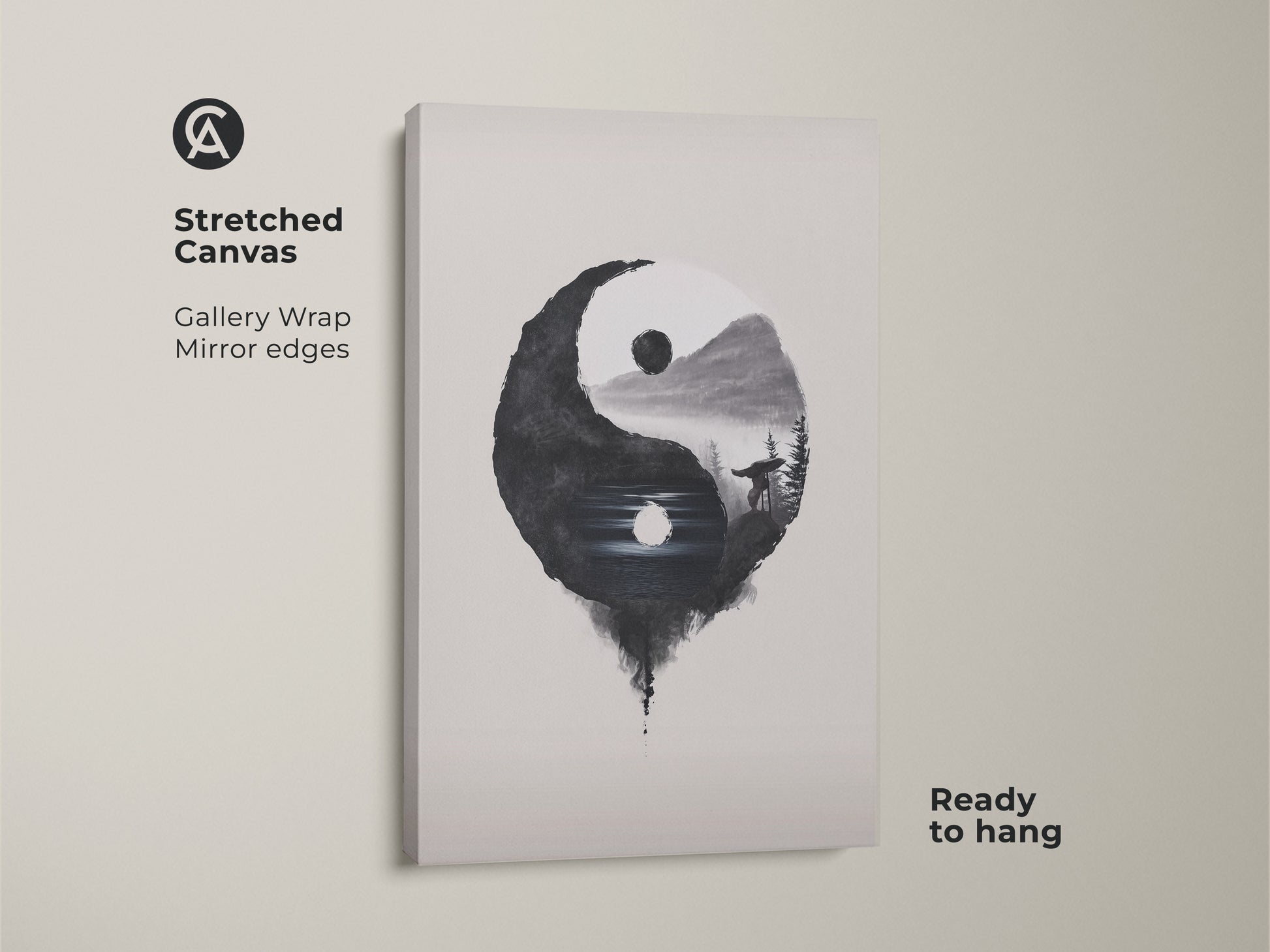 Stretched Canvas of Yin Yang Wolf art is ready to hang. Gallery wrap shows mirror edges. The minimalist ink wash print adds balance. Black white nature art creates calm. A spiritual wolf symbolizes meditation. Enhance your space today.