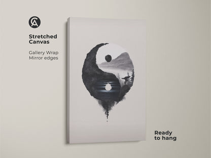 Stretched Canvas of Yin Yang Wolf art is ready to hang. Gallery wrap shows mirror edges. The minimalist ink wash print adds balance. Black white nature art creates calm. A spiritual wolf symbolizes meditation. Enhance your space today.