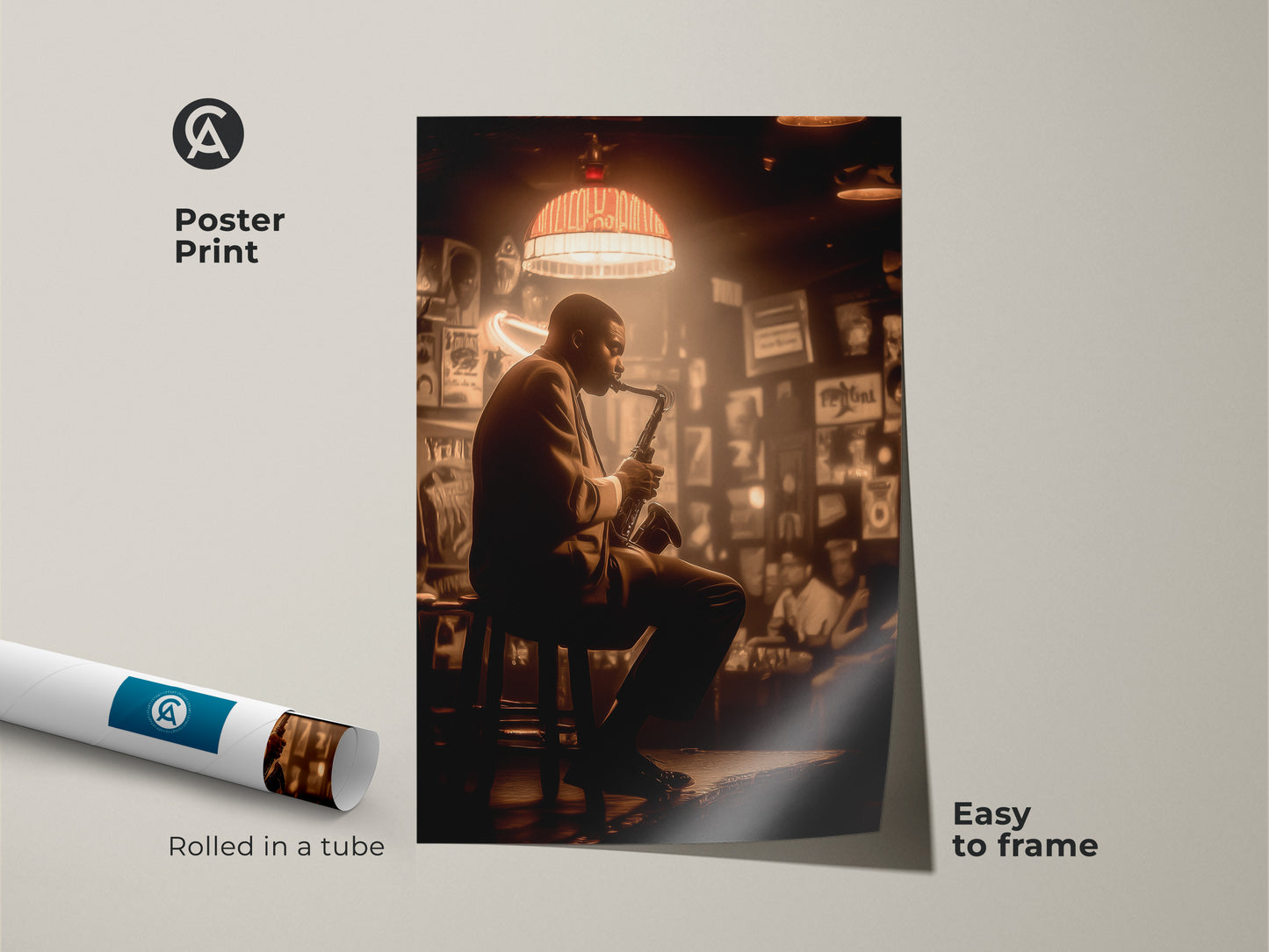 This poster print showcases a jazz musician playing his saxophone in a smoky club. The artwork is easy to frame. It arrives rolled in a tube. The poster captures the essence of jazz music. Add a touch of musical history to your walls with this high-quality poster.