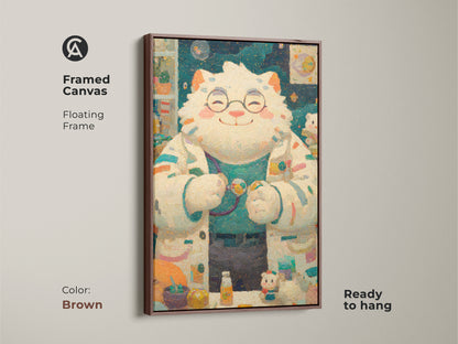 Framed canvas print of a cat doctor with glasses and lab coat. A brown floating frame complements this ready to hang artwork. Enhance your space with this whimsical art. A playful addition to any decor.