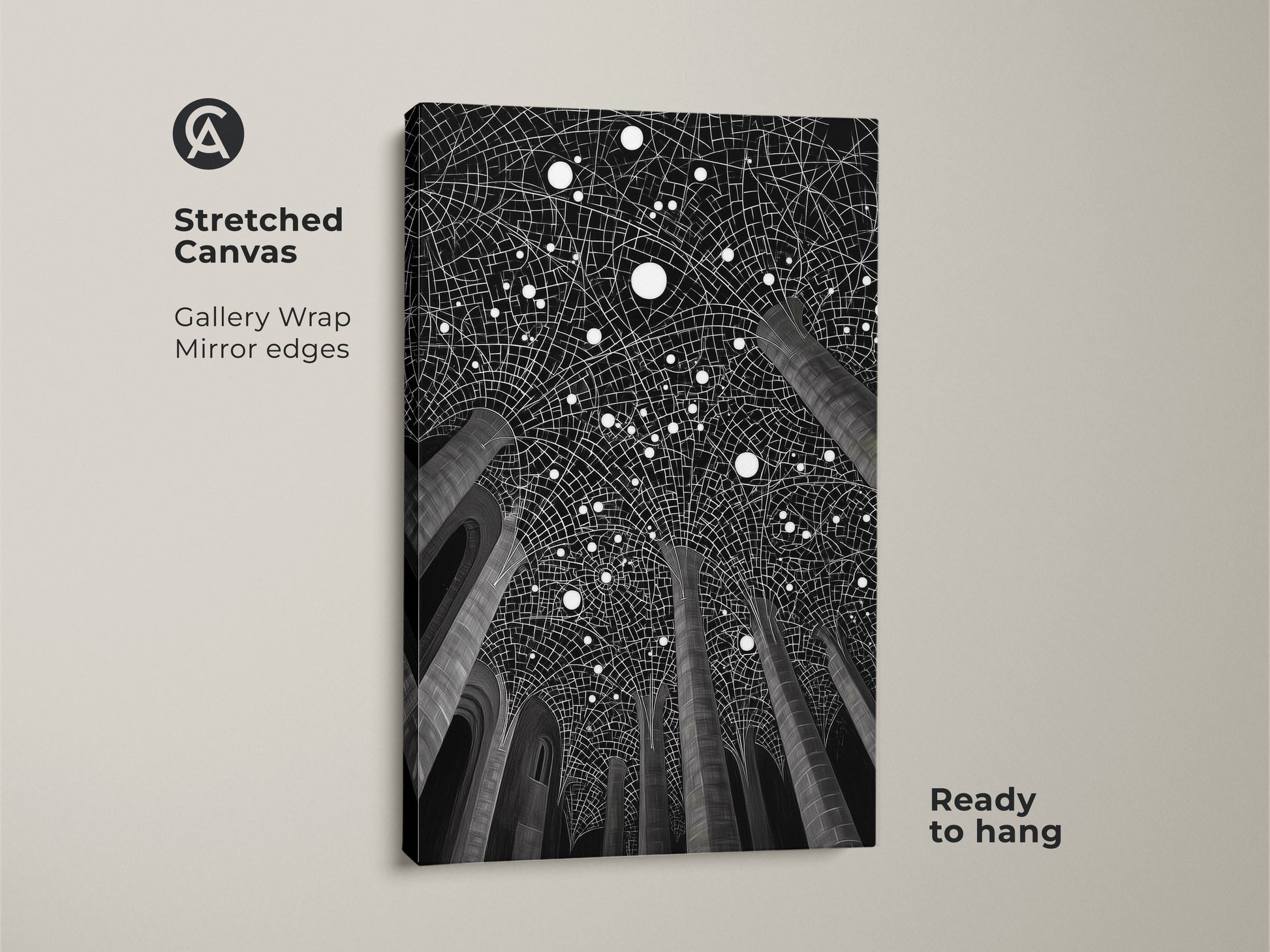 Stretched canvas featuring monochrome abstract wall art. The geometric architecture print offers a minimalist black and white look. Perfect for an entry hall or office wall decor. Gallery wrapped with mirror edges.