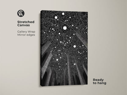 Stretched canvas featuring monochrome abstract wall art. The geometric architecture print offers a minimalist black and white look. Perfect for an entry hall or office wall decor. Gallery wrapped with mirror edges.