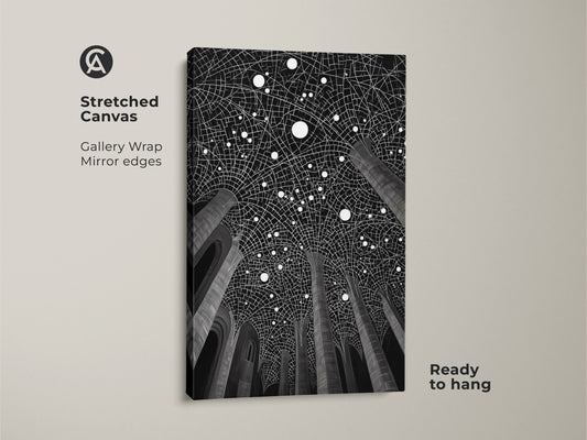 Stretched canvas featuring monochrome abstract wall art. The geometric architecture print offers a minimalist black and white look. Perfect for an entry hall or office wall decor. Gallery wrapped with mirror edges.