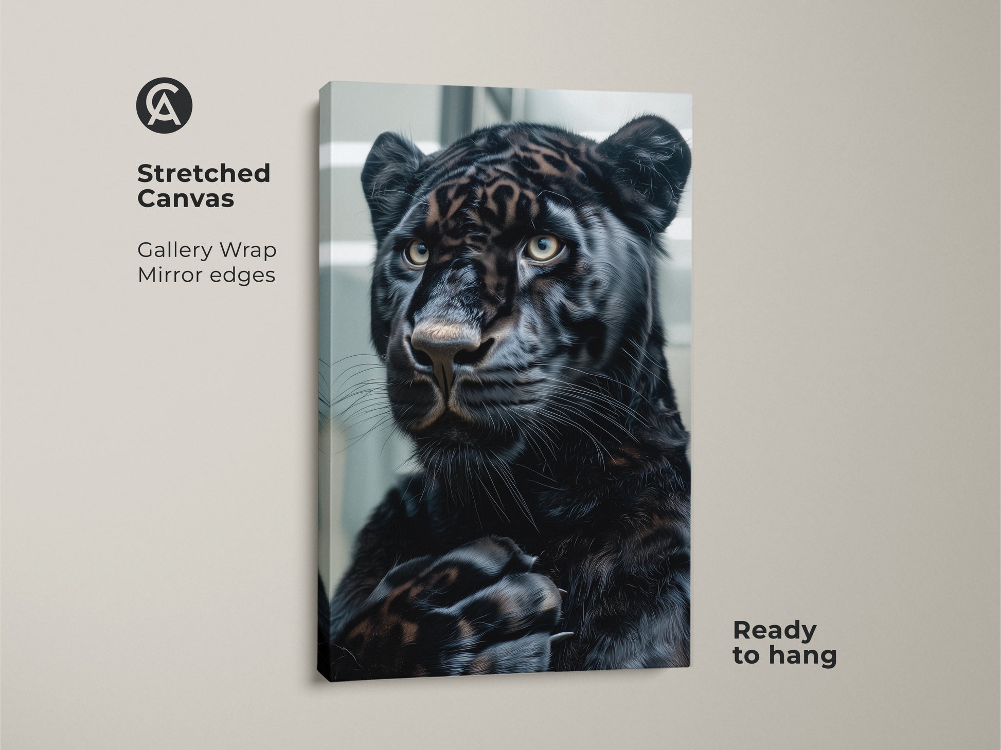 Stretched canvas art featuring a regal black panther. The gallery wrap showcases mirror edges. The artwork is ready to hang adding a touch of wilderness to any room. The panther's intense gaze captures the essence of its wild nature.