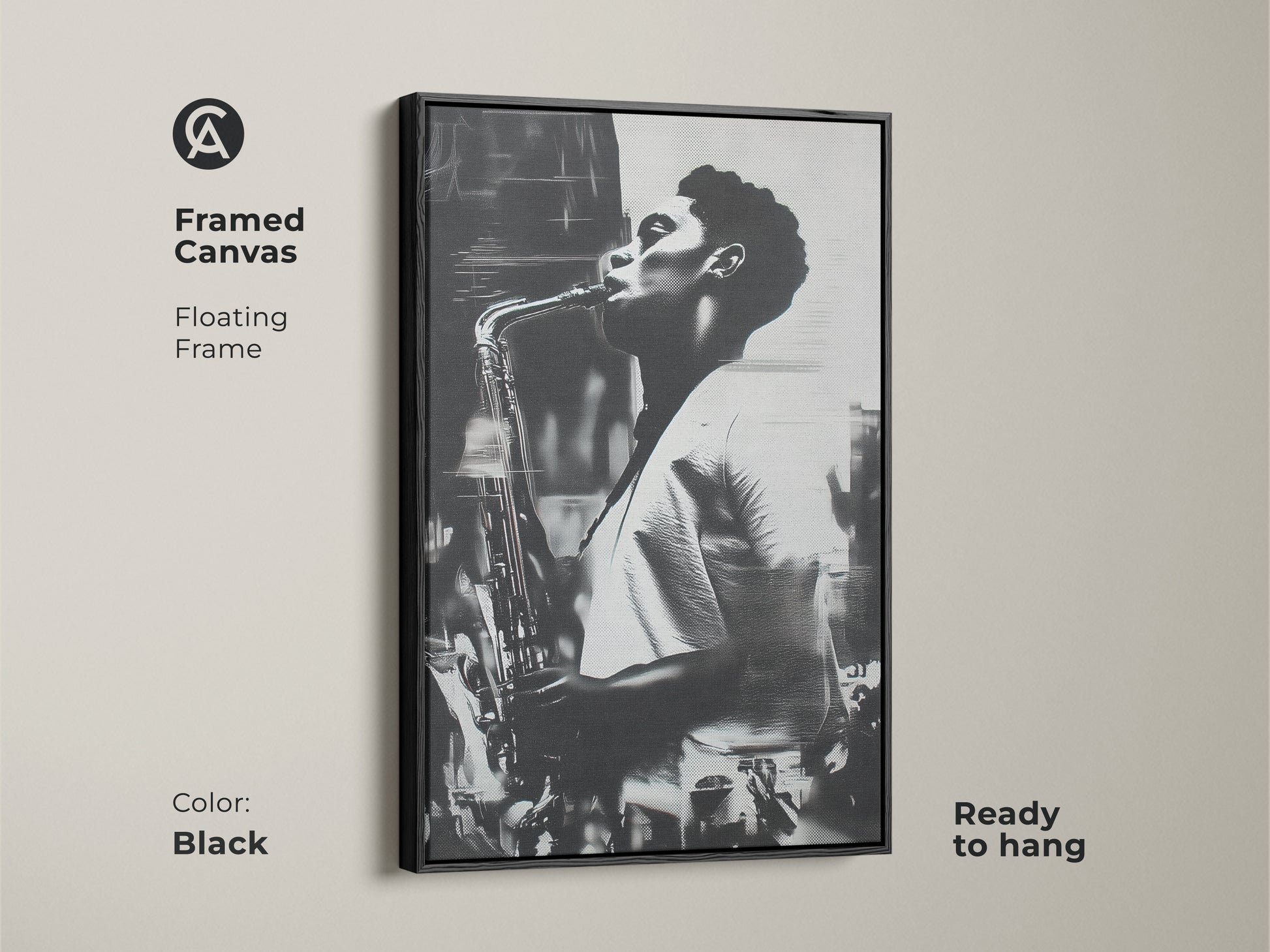 Black framed canvas art displaying a black and white portrait of a saxophonist. The floating frame adds depth and dimension to the artwork. It comes ready to hang. A sophisticated and stylish addition to your home or office decor.