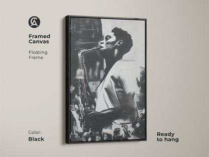 Black framed canvas art displaying a black and white portrait of a saxophonist. The floating frame adds depth and dimension to the artwork. It comes ready to hang. A sophisticated and stylish addition to your home or office decor.